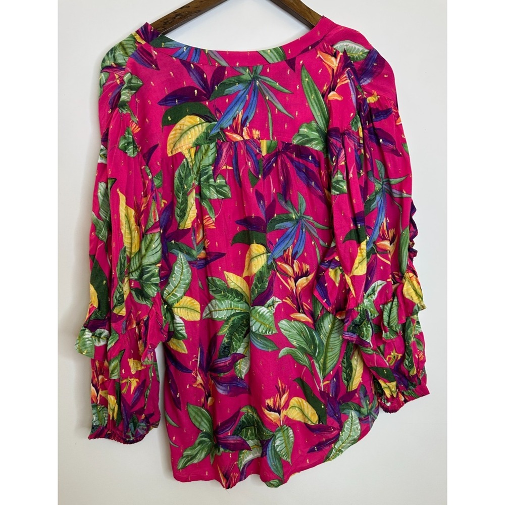 NEW Chico's Double Ruffle Sleeve Vivid Botanical Blouse Tasseled Top Size 1 US 8 - Picture 9 of 11